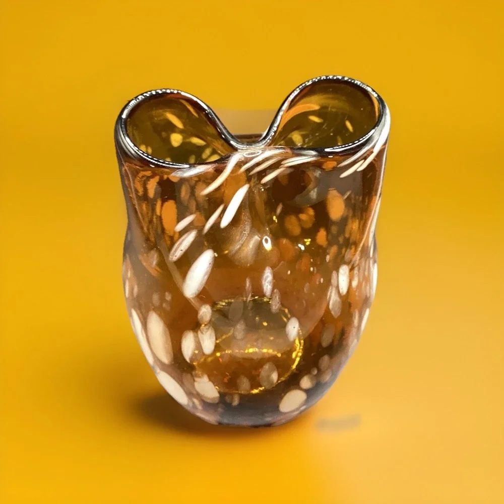 Vtg Amber White Splatter Handblown Pinched‎ Art Glass Bud Vase MCM 5